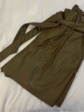Olive Faux Leather Paperbag Waist Shorts with Belt